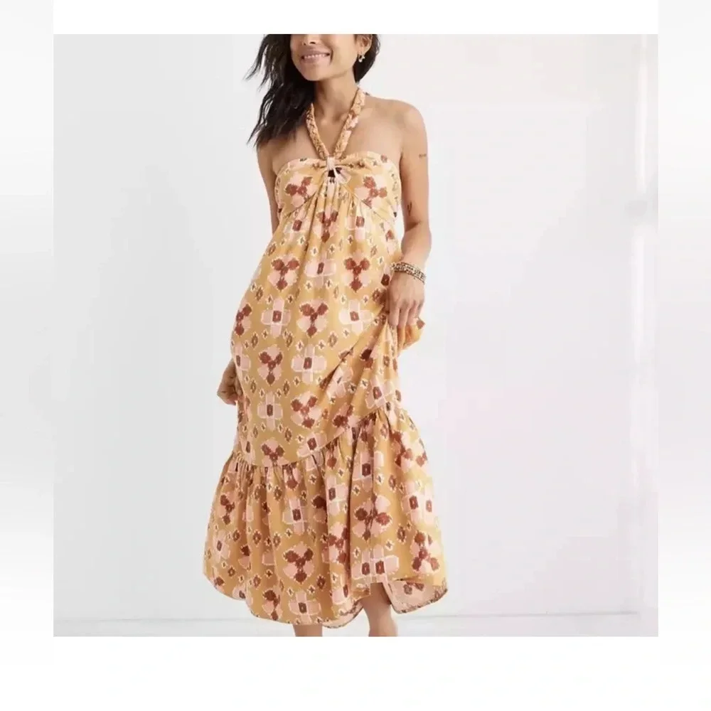 Aerie Linen Blend Halter Midi Dress Mustard Yellow Ikat Geometric Print Large